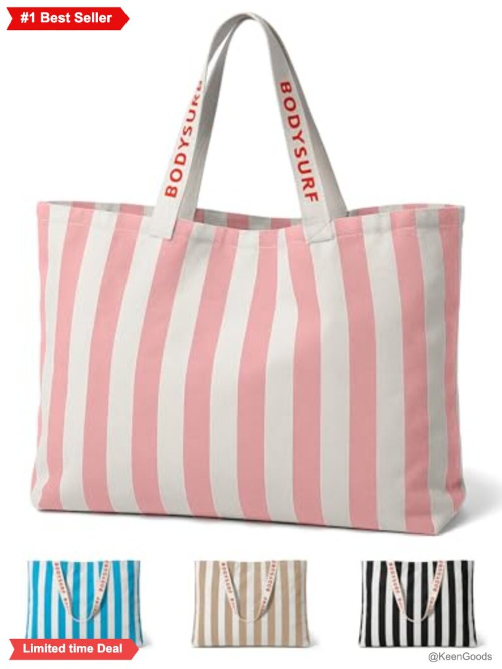 Large Canvas Beach Bag Striped Shoulder Tote Zip Pocket Travel